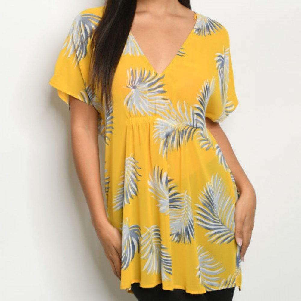 YELLOW WITH LEAVES TUNIC TOP - Picture 2 of 8